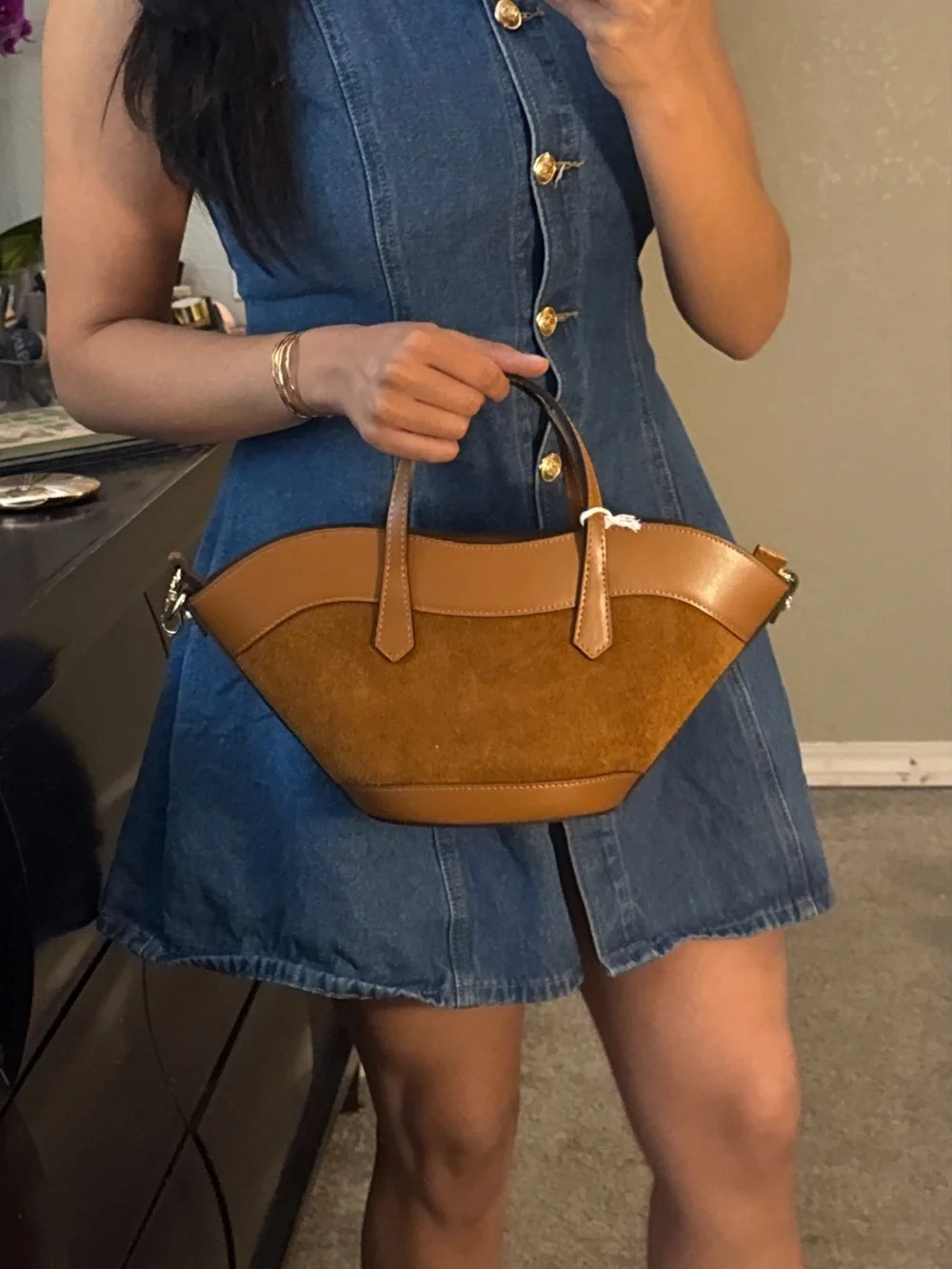 Structured Cognac Brown Suede & Leather like Tote